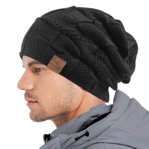 PAGE ONE Mens Winter Slouchy Beanie Warm Fleece Lined Skull Cap Baggy Cable Knit Hat Pure Black