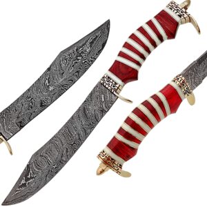 Damascus Steel Hunting Knife - Fixed Blade Knives with Sheath - Handle Combination of Walnut Wood and Camel Bone with Brass Spacer (RW)