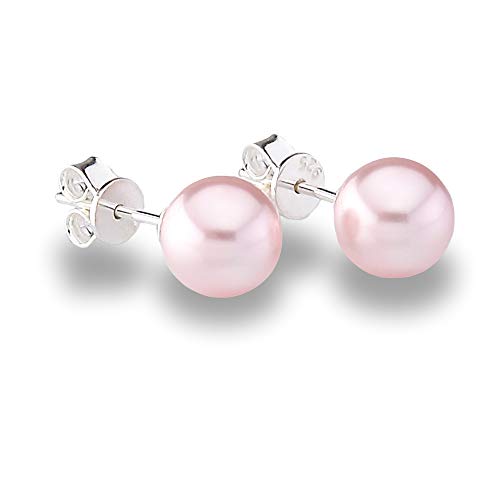 Genuine Fine European Crystal 8mm Round Simulated Pearl S925 Solid Sterling Silver Stud Earrings For Women (Crystal Pink)