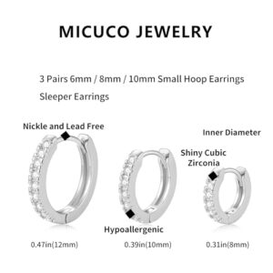 micuco 3 Pairs Small Hoop Earrings Tiny Cartilage Earrings for Women Cubic Zirconia Earrings White Gold Plated Huggie Hoop Ear Piercing Earrings for Men Silver Plated 8mm 10mm 12mm