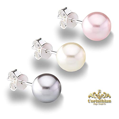 Genuine Fine European Crystal 8mm Round Simulated Pearl S925 Solid Sterling Silver Stud Earrings For Women (Crystal Pink)