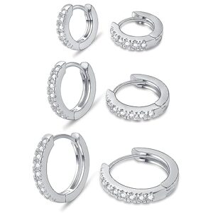 micuco 3 Pairs Small Hoop Earrings Tiny Cartilage Earrings for Women Cubic Zirconia Earrings White Gold Plated Huggie Hoop Ear Piercing Earrings for Men Silver Plated 8mm 10mm 12mm