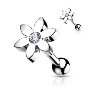 Amelia Fashion 16GA Flower with CZ Solitaire 316L Surgical Steel Cartilage, Tragus Barbell Studs (Steel/Clear)