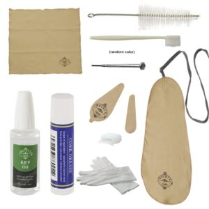 clarinet cleaning and maintenance cleaner care kit with key oil, cork grease, swab, cleaning cloth, thumb rest, mouthpiece brush, and more in khaki