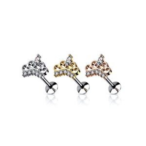 Covet Jewelry CZ Paved Tiara Threadless Top 316L Surgical Steel Push in Style Labret, Flat Back Studs for Ear Cartilage and Nose (18GA, Length: 5/16" (8mm), Gold/Clear)