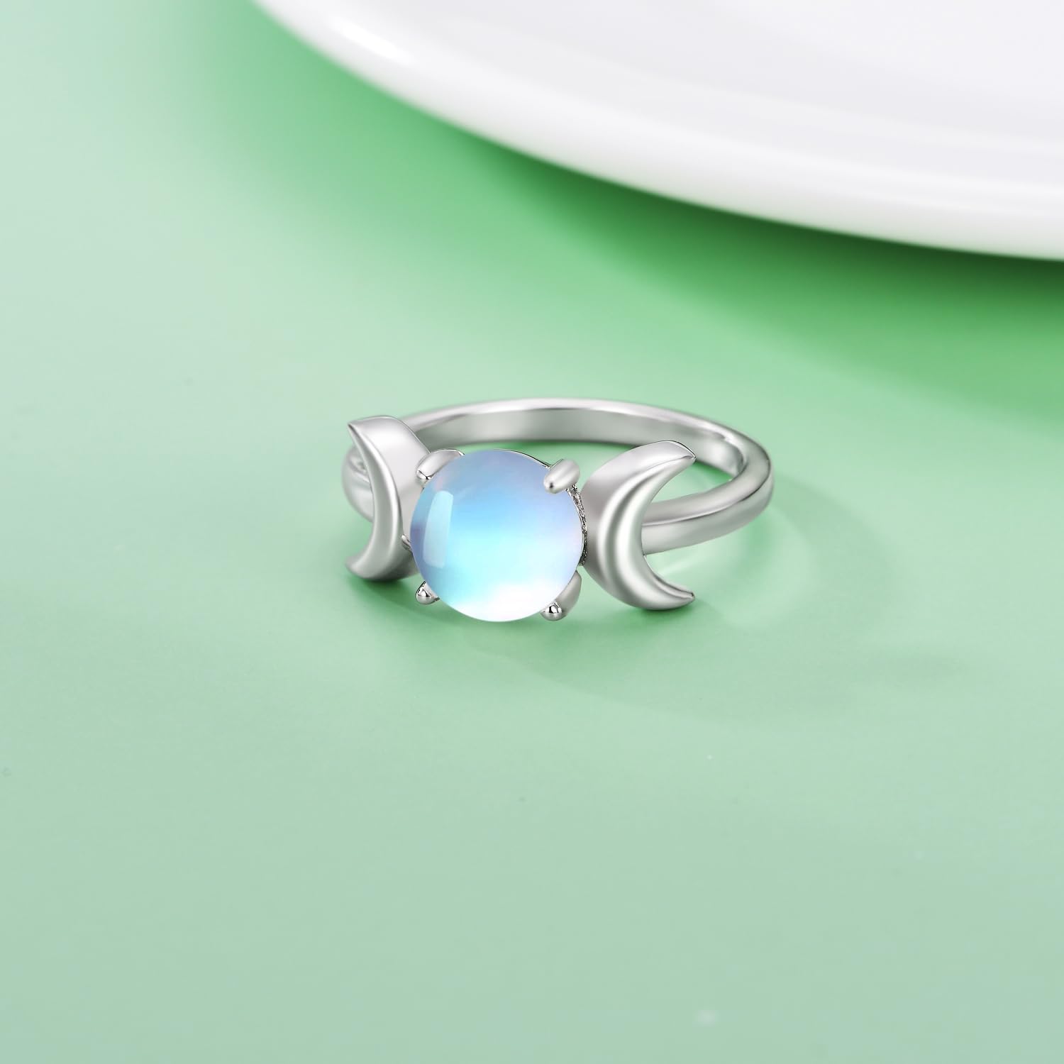 PEIMKO 925 Sterling Silver Moonstone Triple Goddess Moon Ring for Women June Birthday Gift Size 6