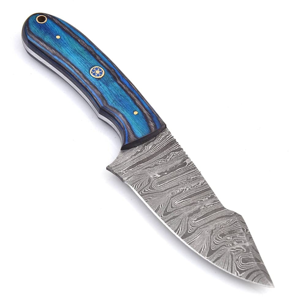 Premium Custom Handmade Damascus Hunting Knife | Bushcraft Knife with Sheath | 8 inch Survival Knife for Men | Fixed Blade Exotic Blue and Black Pakkawood Handle