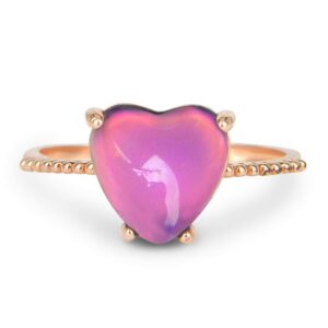 FUN JEWELS Minimalist Rose Gold Heart Mood Ring Crystal Color Change Stone Size Adjustable for Women