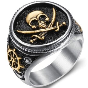 Jude Jewelers Stainless Steel Antique Vintage Skull Pirate Knife Death Halloween Cocktail Party Biker Ring (Silver Gold, 10)