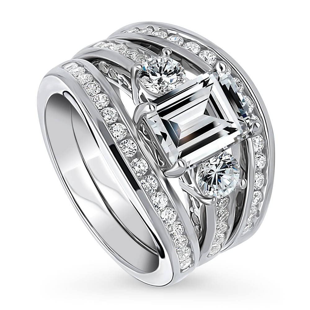 BERRICLE Sterling Silver 3-Stone Wedding Engagement Rings Emerald Cut Cubic Zirconia CZ Ring Set for Women, Rhodium Plated Size 7.5