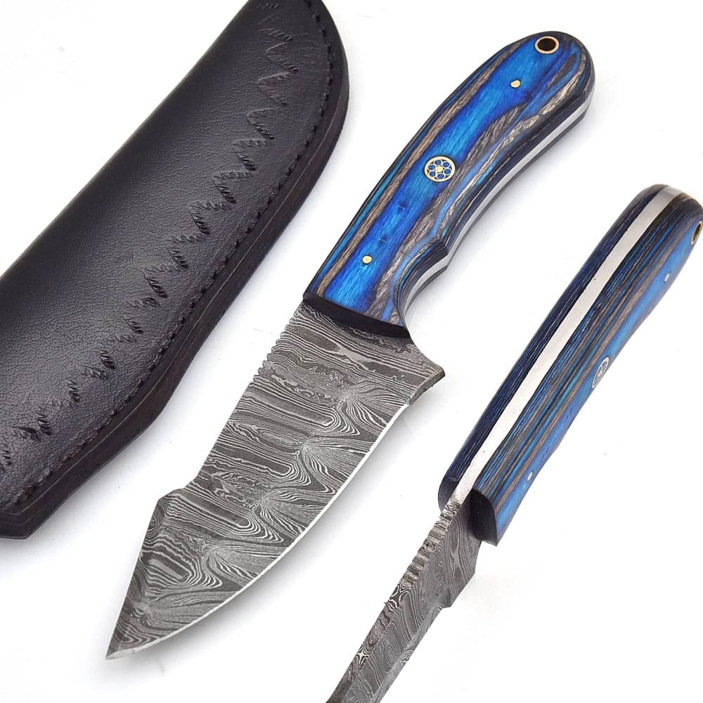 Premium Custom Handmade Damascus Hunting Knife | Bushcraft Knife with Sheath | 8 inch Survival Knife for Men | Fixed Blade Exotic Blue and Black Pakkawood Handle