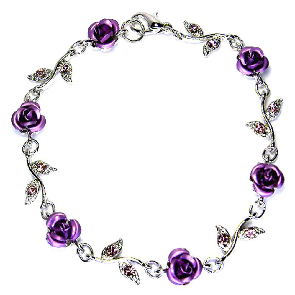 Women's Fashion Lilac Purple Austrian Crystal Metal Rose Link Flower Bracelet, 6 1/2" with 2" Extender Chain