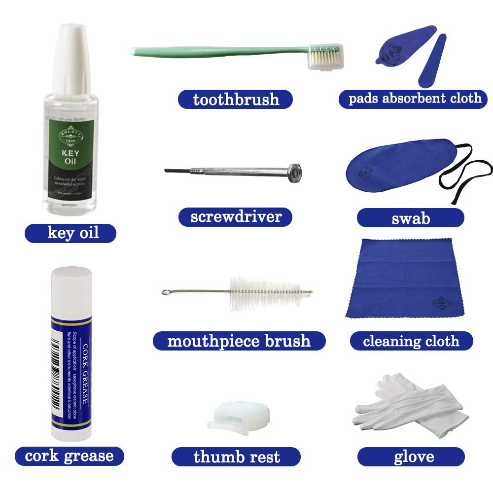 Clarinet Cleaner Care Cleaning Kit,Maintenance Kit,Key Oil,Cork Grease,Swab,Cleaning Cloth,Thumb Rest,Mouthpiece Brush and More(Random Color Cloths)