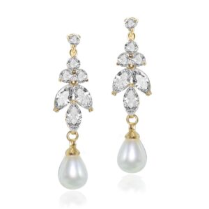 udora women zirconia teardrop pearl long dangle earrings bridal bridesmaid wedding gifts (gold)