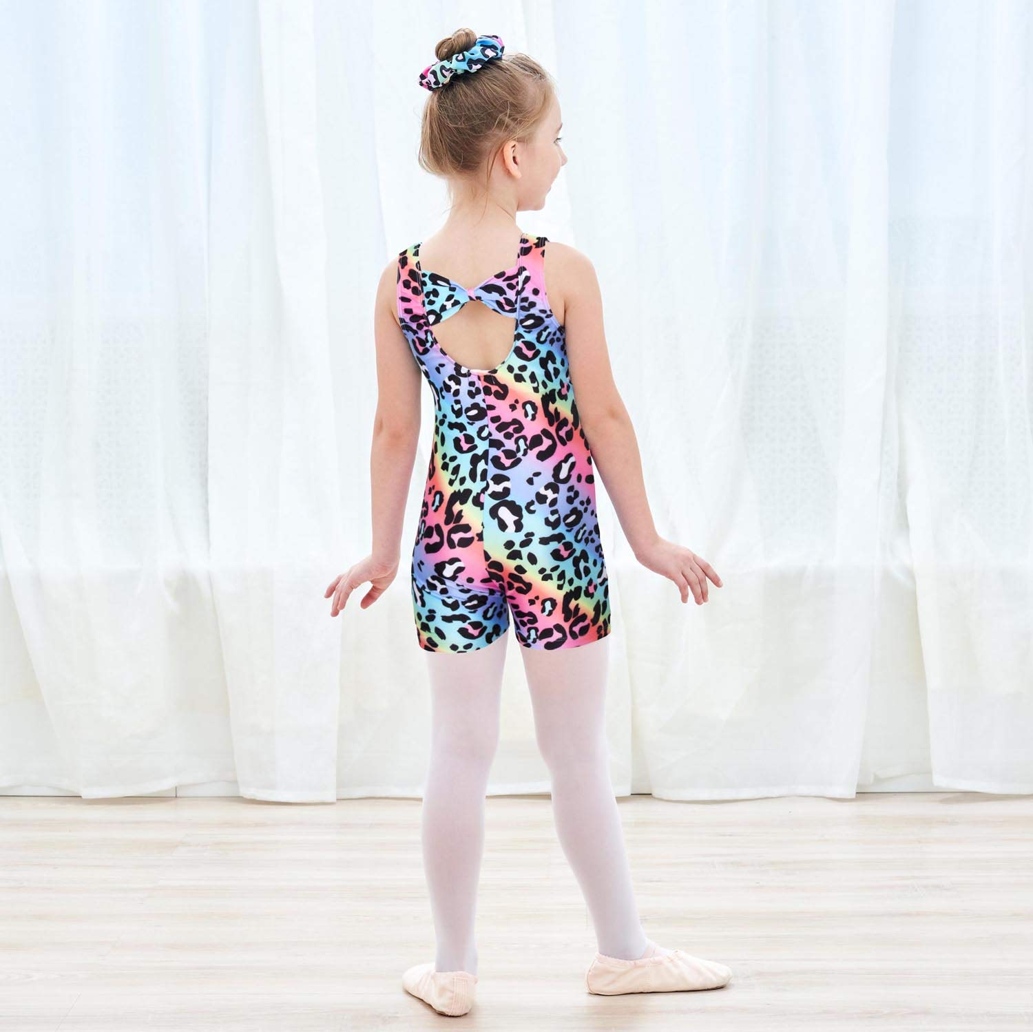 JESKIDS Leotards for Girls Gymnastics with Shorts Dance Biketards Tumbling Matching Hair Scrunchie Leopard 4-5 Years