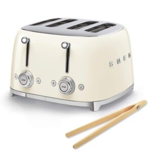 Smeg 50s Retro 4-Slot Toaster TSF03CRUS Bundle with Bamboo Tongs - Cream