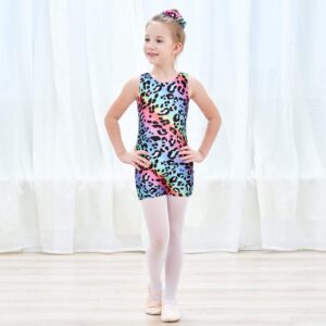 JESKIDS Leotards for Girls Gymnastics with Shorts Dance Biketards Tumbling Matching Hair Scrunchie Leopard 4-5 Years