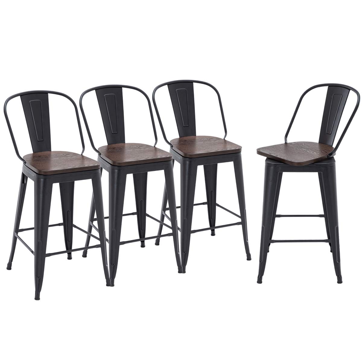 HAOBO Home Swivel Metal Barstools High Back Counter Bar Stools Set of 4 (Matte Black with Wooden Seat, Swivel 24 inch)