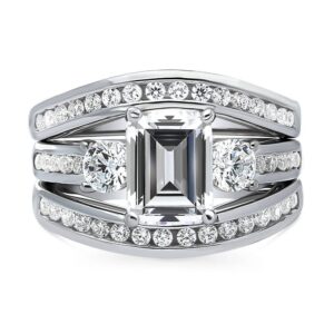 BERRICLE Sterling Silver 3-Stone Wedding Engagement Rings Emerald Cut Cubic Zirconia CZ Ring Set for Women, Rhodium Plated Size 7.5