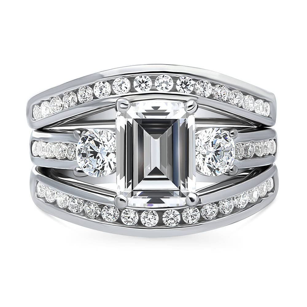 BERRICLE Sterling Silver 3-Stone Wedding Engagement Rings Emerald Cut Cubic Zirconia CZ Ring Set for Women, Rhodium Plated Size 7.5