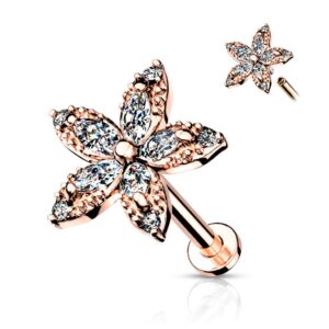 amelia fashion 16 gauge marquise cz flower top internally threaded flat back studs for labret, monroe, cartilage, and more 316l surgical steel (choose color) (rose gold 16ga (1.2mm) l.5/16" (8mm))