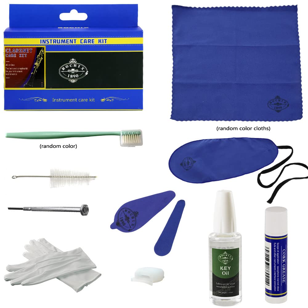 Clarinet Cleaner Care Cleaning Kit,Maintenance Kit,Key Oil,Cork Grease,Swab,Cleaning Cloth,Thumb Rest,Mouthpiece Brush and More(Random Color Cloths)