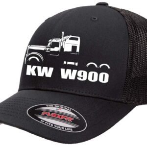 Big Rig KW W900 Semi Truck Outline Design Flexfit Trucker Mesh Fitted Cap Black