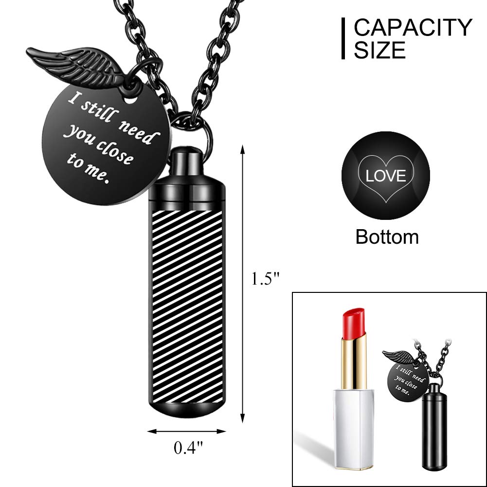 abooxiu Cylinder Urn Necklace for Ashes Cremation Jewelry/Keychain for human Pet Stainless Steel Memorial Keepsake Pendant with Angel Wing Charm Ashes Jewelry-Black M