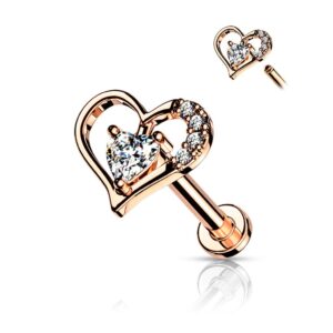 amelia fashion 16ga paved heart contour heart cz solitaire internally threaded 316l surgical steel flat back studs for labret, monroe, cartilage and more (rose gold - 16ga (1.2mm) - l.5/16" (8mm))