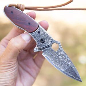 SPIRIT DEED edc pocket knife for men,2.5in japanese handmade vg10 damascus steel,rosewood handle,liner lock,leather sheath,folding knives for camping and hunting (rosewood, 2.8)