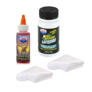 extreme duty gun cleaner solvent (4oz) with lube oil (2oz) and quality gun cleaning cotton patches for 9mm - 45 pistols and rifles