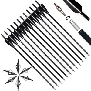 vnaker 20 inch carbon crossbow bolts 12 pack and hunting broadheads 6 pack, carbon crossbow arrows for hunting and outdoor practice(black)