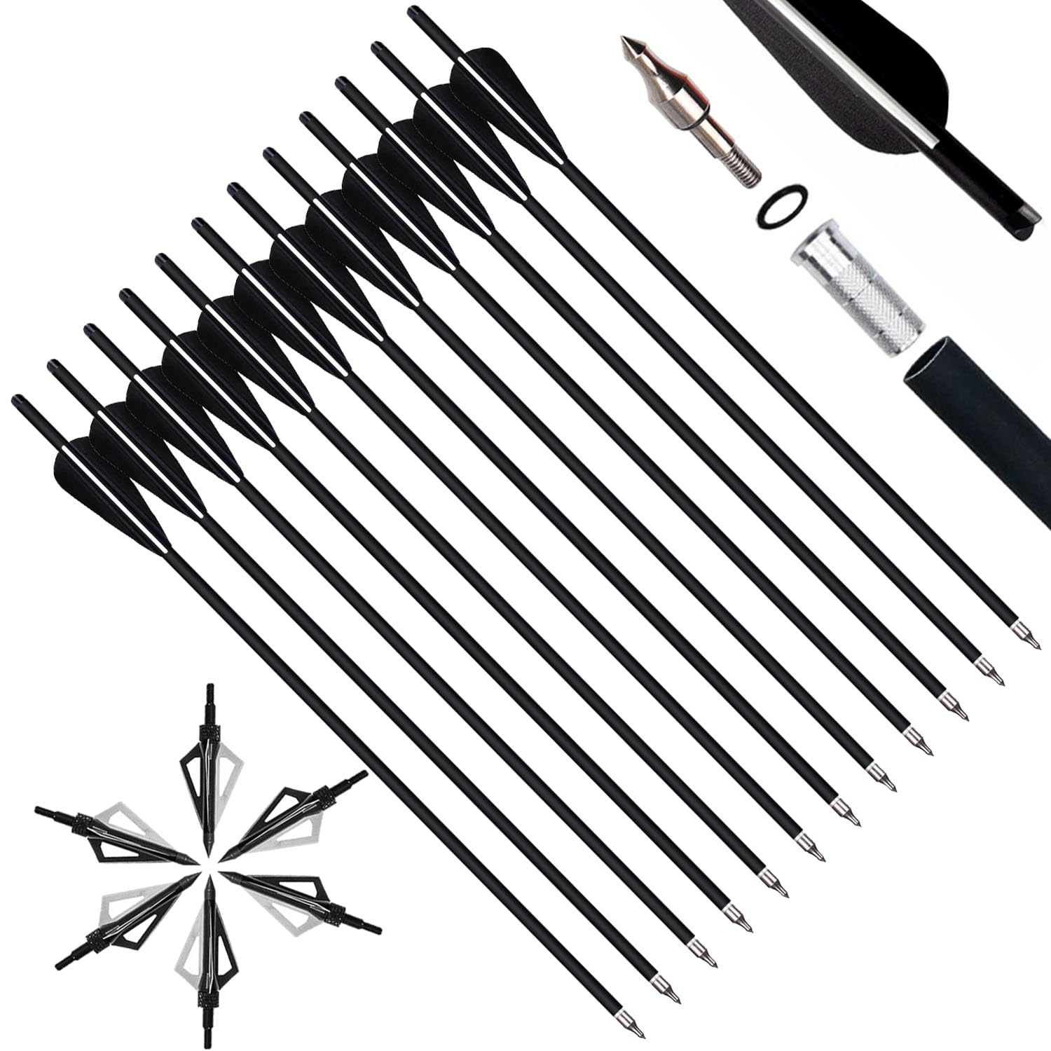 VNAKER 20 Inch Carbon Crossbow Bolts 12 Pack and Hunting Broadheads 6 Pack, Carbon Crossbow Arrows for Hunting and Outdoor Practice(Black)