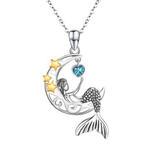 CHENGHONG Mermaid Necklaces 925 Sterling Silver Mermaid Crescent Moon Star Necklace for Women Little Mermaid Sea Jewelry Gifts for Women