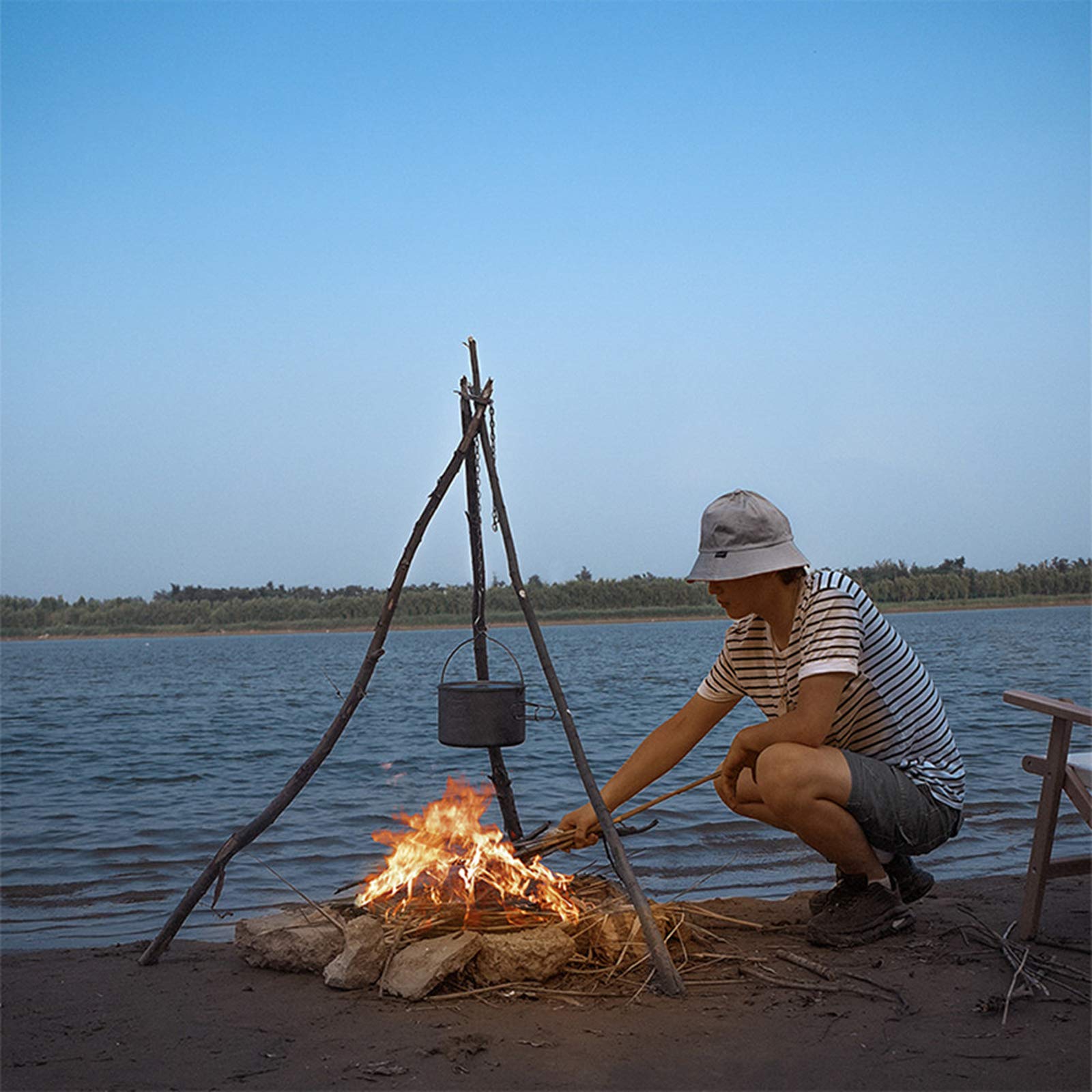 GOLDACE Stainless Steel Camping Gear and Equipment - Campfire Cooking Accessories Set - Radiate Portable Round Cookware - Dutch Oven Camping Cookware - Outdoor Camp Tripod Cooking, Silver