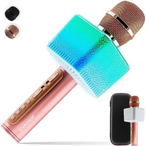 STARUMENT 3 in 1 Wireless Bluetooth Karaoke Microphone with LED Lights, Black Portable Microphone for Kids, Girls and Boys (Rose Gold)