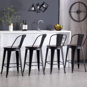 HAOBO Home Swivel Metal Barstools High Back Counter Bar Stools Set of 4 (Matte Black with Wooden Seat, Swivel 24 inch)