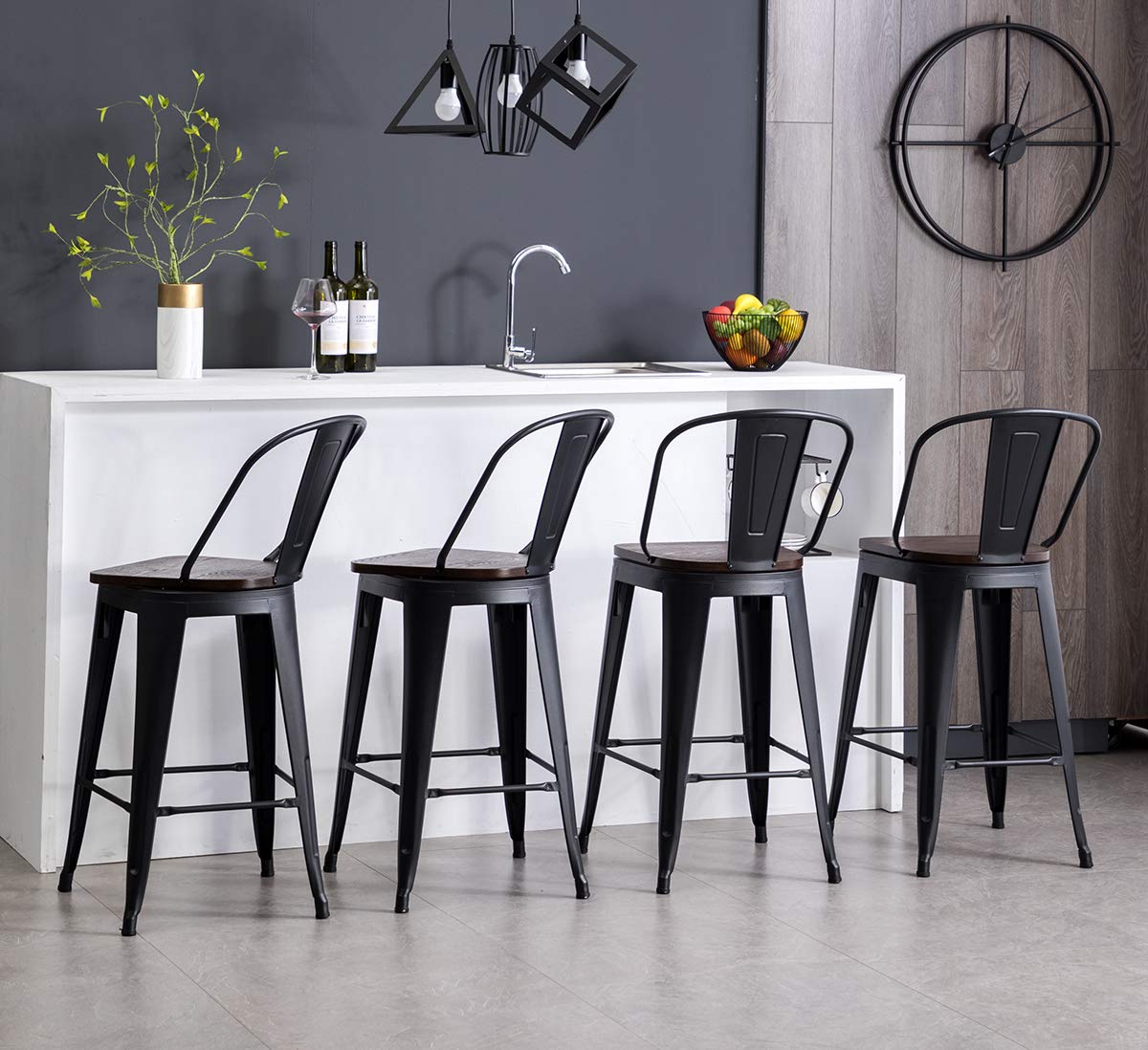 HAOBO Home Swivel Metal Barstools High Back Counter Bar Stools Set of 4 (Matte Black with Wooden Seat, Swivel 24 inch)