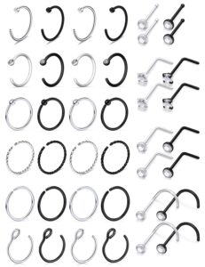 lcolyoli nose rings hoop 20g surgical stainless steel septum ring l shape nose studs screw c shape high nostril piercing jewelry pack for women men 40 pieces silver-tone black