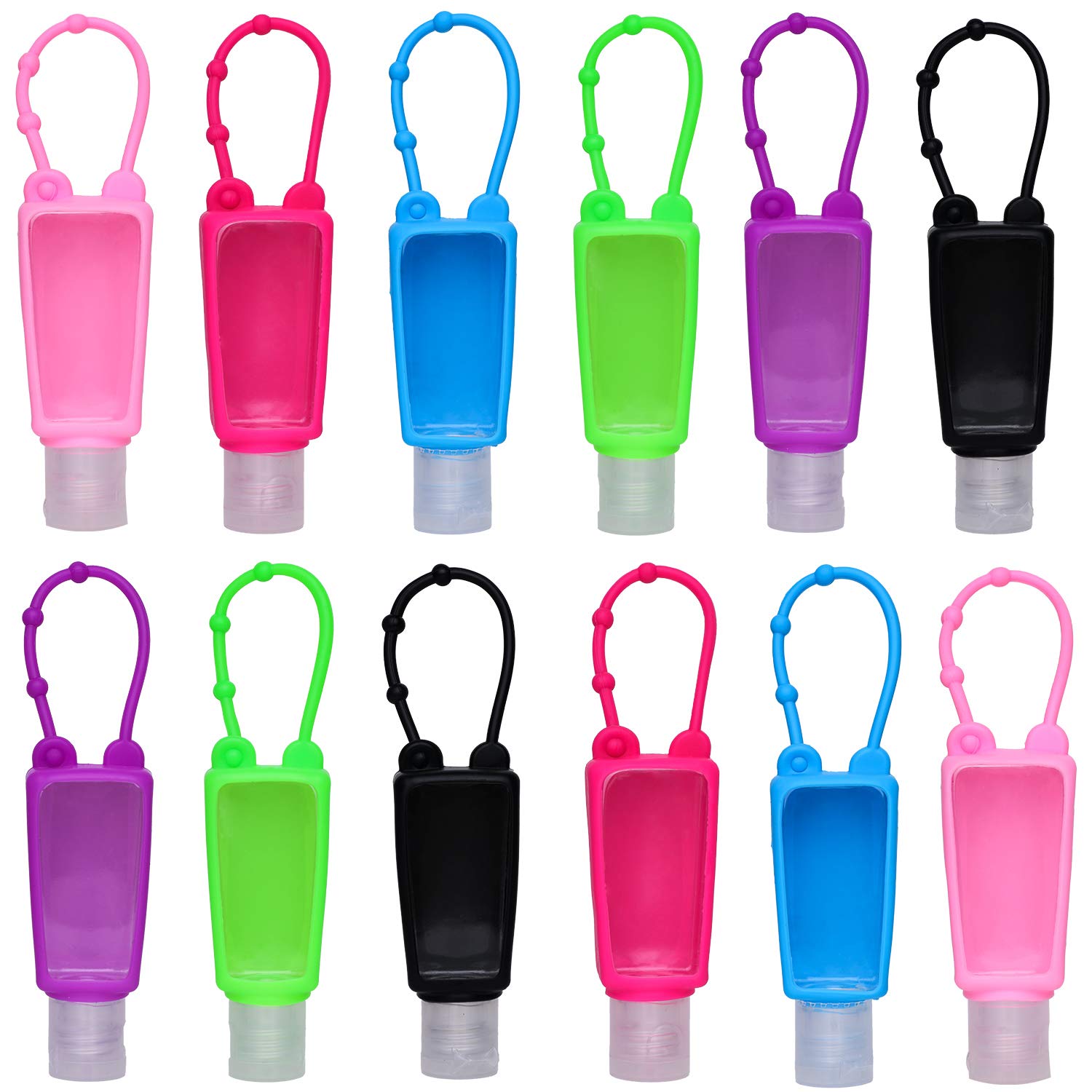 TanzDom 12 Pack Kids Hand Sanitizer Holder Keychain, Empty Travel Size Bottle with Silicone Keychain Holder and Flip Cap Reusable Squeeze Containers 30ml/1oz for Backpack, Pocketback, School, Camping