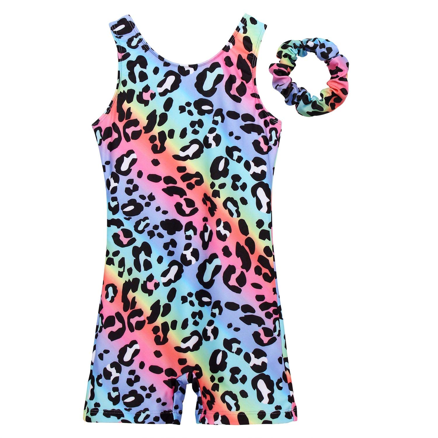 JESKIDS Leotards for Girls Gymnastics with Shorts Dance Biketards Tumbling Matching Hair Scrunchie Leopard 4-5 Years