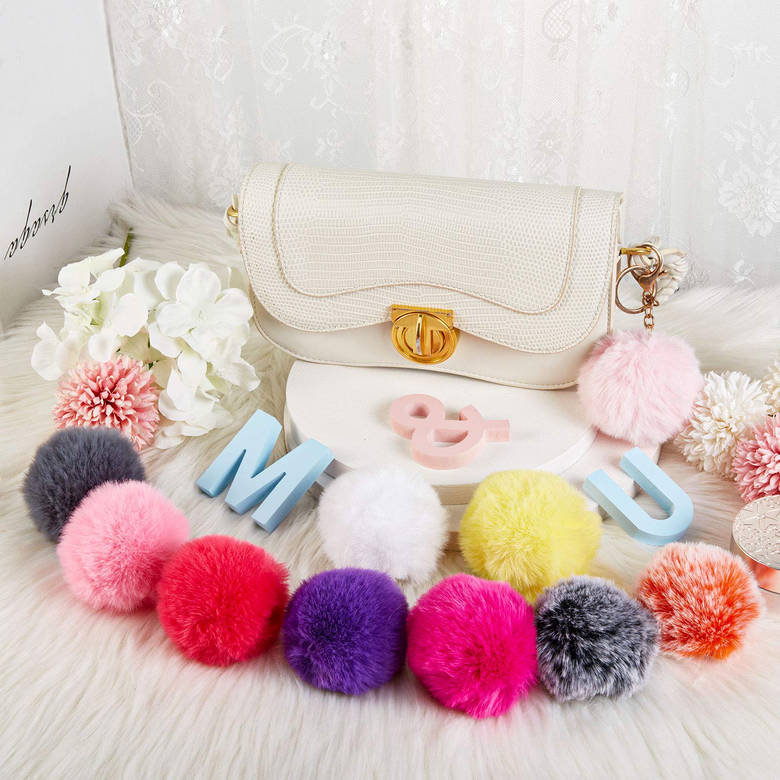 Hicarer 36 Pom Poms Keychains Faux Rabbit Fur Pompoms Keyring Pompom Keychain (2.4 Inch)