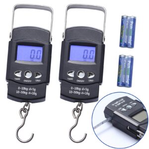 2 Pack Fish Scales, Portable Luggage Weight Scale with Backlit LCD Display 110lb / 50kg Electronic Balance Fishing Postal Hanging Hook Scale with 3.28 ft Measuring Tapes & 4 AAA Batteries (Black)