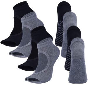 vanktion 4 pairs open toe yoga socks for women non slip grip sock for pilates sports black grey