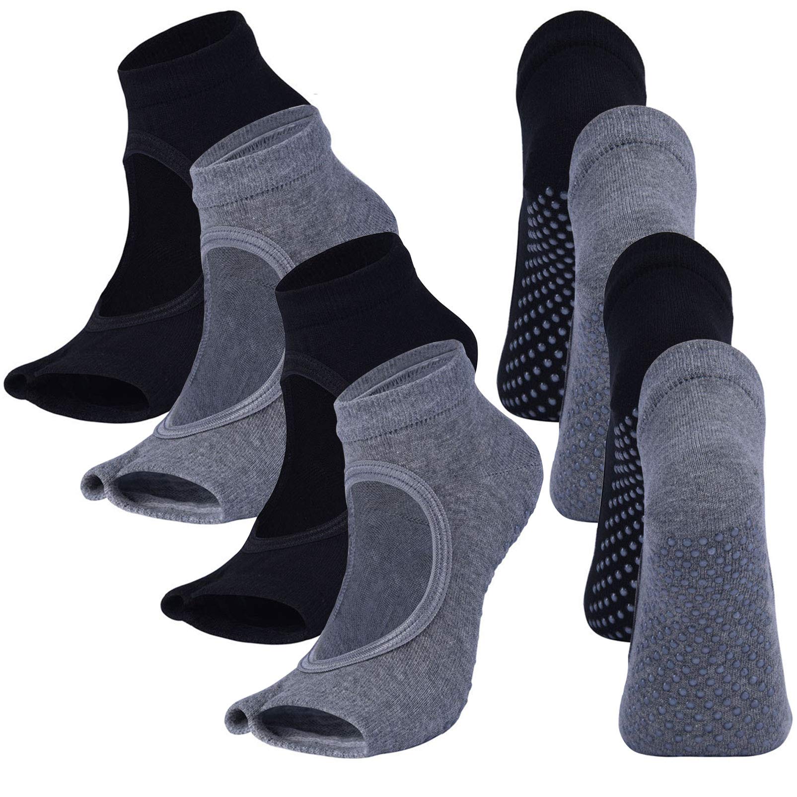 Vanktion 4 Pairs Open Toe Yoga Socks for Women Non Slip Grip Sock for Pilates Sports Black Grey