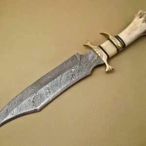 Damascus Steel Hunting Knife - Fixed Blade Knives with Sheath - Firm Grip Handle Made of Camel Bone (White)