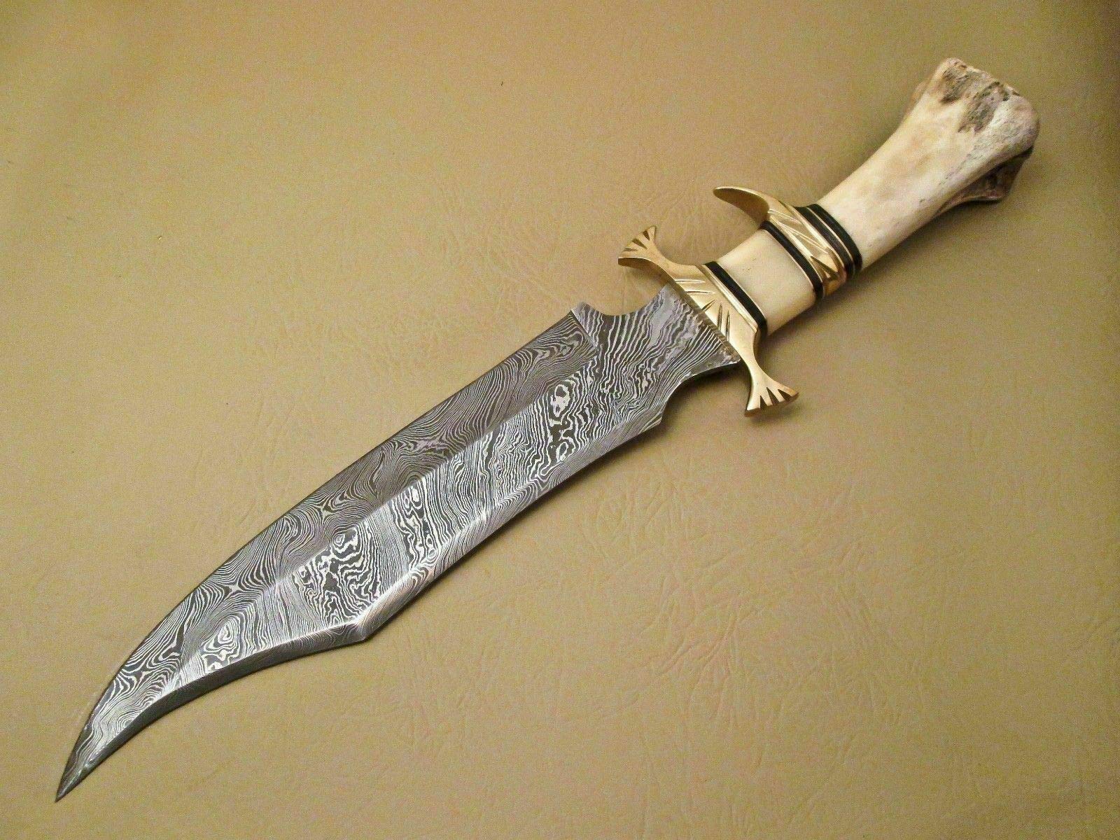 Damascus Steel Hunting Knife - Fixed Blade Knives with Sheath - Firm Grip Handle Made of Camel Bone (White)