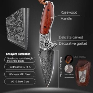 SPIRIT DEED edc pocket knife for men,2.5in japanese handmade vg10 damascus steel,rosewood handle,liner lock,leather sheath,folding knives for camping and hunting (rosewood, 2.8)