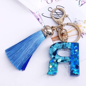 SELOVO Blue Big Tassel Bag Keyring Letter Alphabet R Charm Keychain