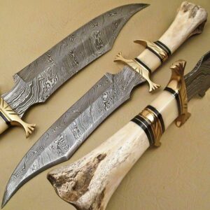 Damascus Steel Hunting Knife - Fixed Blade Knives with Sheath - Firm Grip Handle Made of Camel Bone (White)